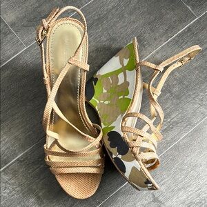 Nine West Tan and Green Wedge Sandals